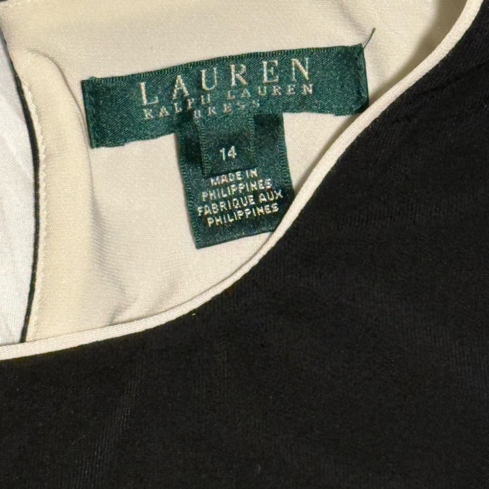 Lauren Ralph Lauren Dress Size 14 Black and Cream Tie Front Midi Lined EUC - Picture 5 of 7